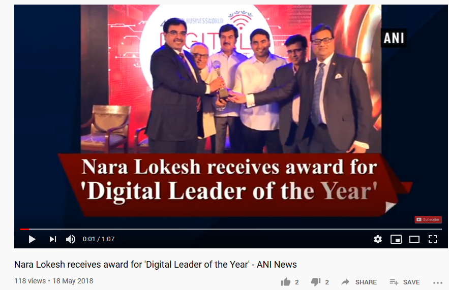 TDPAwards- Nara Lokesh2019WEF recognises Nara Lokesh as Young Global Leader2018"Digital Leader of the Year"-Businessworld Digital India Summit2018Dr Abdul Kalam Award for Innovation in Governance-Fun fact2000Lokesh led a team of 8 in the design of a concept car !