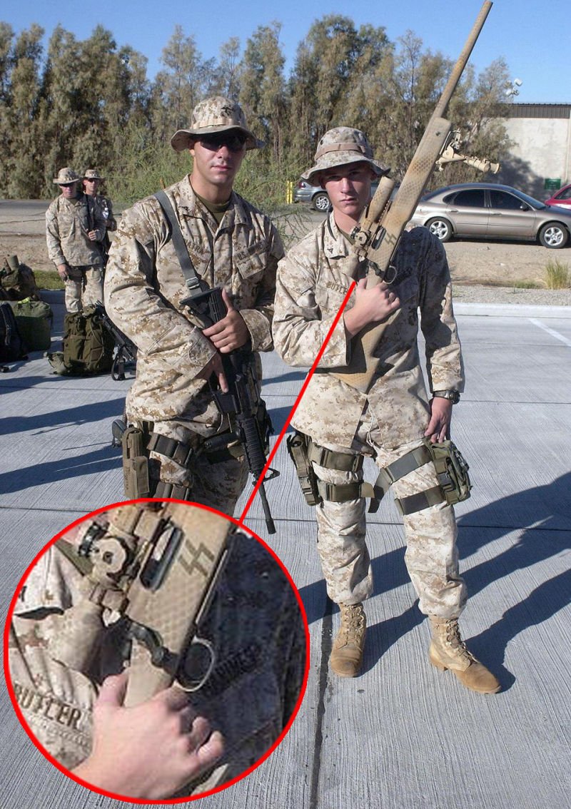 And here is a USMC Scout Sniper with SS runes on his rifle.I believe the Marine Corps has since cracked down on the use of SS symbols and this police officer likely got the tattoo while still authorized...but still. https://gawker.com/5883828/us-marines-sorry-for-posing-with-nazi-flag-nazi-rifle
