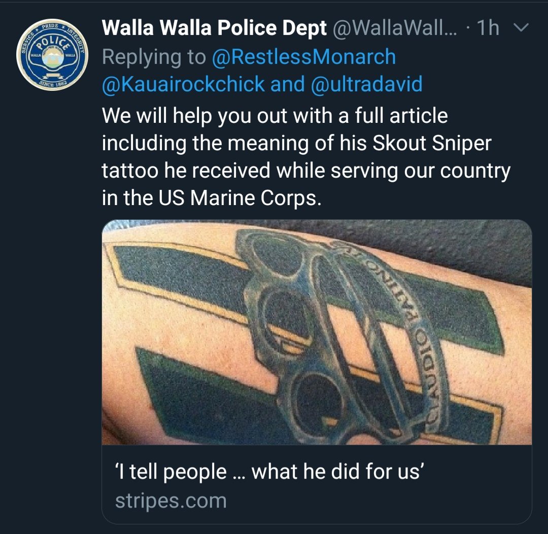 This is in line with the excuses made at the time. I would be curious how the  @wallawallapd, which used this article in a now-deleted tweet by way of explanation views this tattoo and its message to civilians.