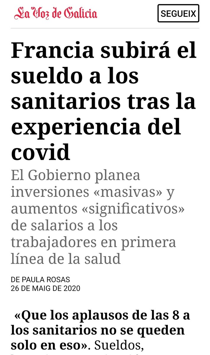 A qué esperan <a href="/sanchezcastejon/">Pedro Sánchez</a> <a href="/PabloIglesias/">Pablo Iglesias 🔻{R}</a> <a href="/CarolinaDarias/">Carolina Darias</a> <a href="/salvadorilla/">Salvador Illa Roca</a> <a href="/IdiazAyuso/">Isabel Díaz Ayuso</a> <a href="/ignacioaguado/">Ignacio Aguado 🇪🇸</a> <a href="/eruizescudero/">Enrique Ruiz Escudero</a> Francia subirá el sueldo a los profesionales de #SanidadPública tras la experiencia #COVID19 Hay q #RecuperarLoArrebatado #CCOOSeMueve <a href="/CCOO/">Comisiones Obreras</a> <a href="/fssccoo/">FSS-CCOO</a> <a href="/CCOOMadrid/">CCOO de Madrid</a>
