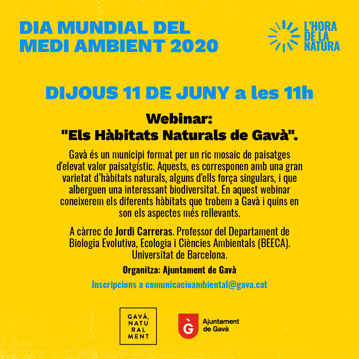 🌳🌻Coincidint amb el Dia Mundial del Medi Ambient t'animem a que facis la teva inscripció per participar al Webinar: "Els Hàbitats Naturals de Gavà". 
La iniciativa tindrà lloc el proper 11 de juny a les 11 del matí.