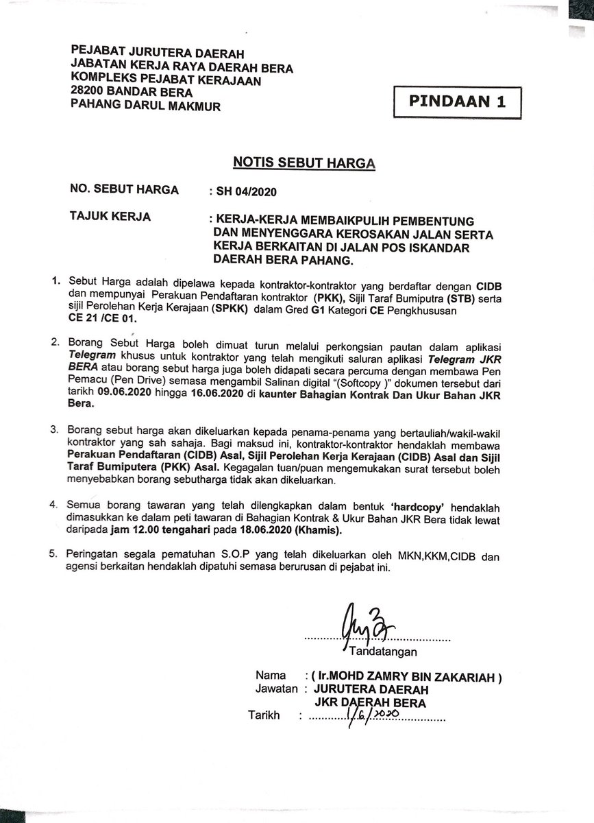 NOTIS SEBUTHARGA KELAS G1
DAERAH BERA

Sebutharga ini dipelawa kepada kontraktor kelayakkan  G1-CE-CE01/CE21.

Sebutharga boleh didapati bermula pada 09 Jun 2020 hingga 16 Jun 2020.

Maklumat lanjut sila lihat lampiran Notis Sebutharga yang disertakan.