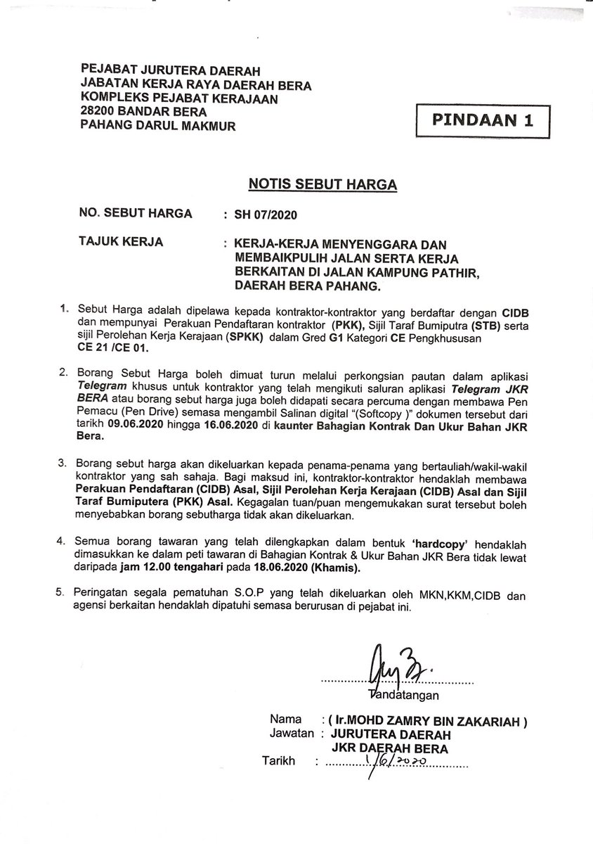 NOTIS SEBUTHARGA KELAS G1
DAERAH BERA

Sebutharga ini dipelawa kepada kontraktor kelayakkan  G1-CE-CE01/CE21.

Sebutharga boleh didapati bermula pada 09 Jun 2020 hingga 16 Jun 2020.

Maklumat lanjut sila lihat lampiran Notis Sebutharga yang disertakan.