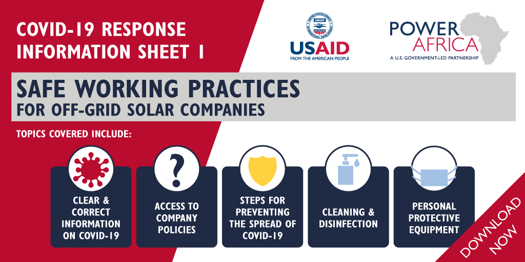 PowerAfricaUS's tweet photo. ℹ️ #DOWNLOAD: Looking for guidance on #safeworkingpractices for off-grid #solarcompanies 🔅?

Check out the first in our series of #COVID19 info sheets 📃

⬇️ Download now: https://t.co/dJToNeOj2w

#coronavirus #covidresponse #offgridcompanies @USAIDAfrica @GOGLAssociation https://t.co/f8fGscAjIU
