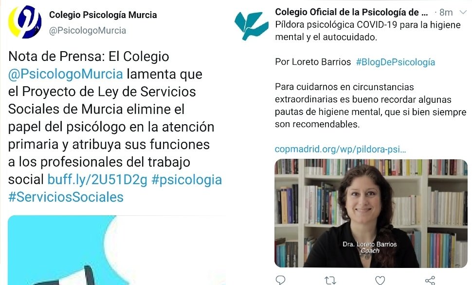 Dos imágenes que se entienden mejor juntas. 1 día de diferencia entre ambas publicaciones. Los profesionales de la psicología sí que lamentamos el daño que se le está haciendo.  @copsicologiaesp .