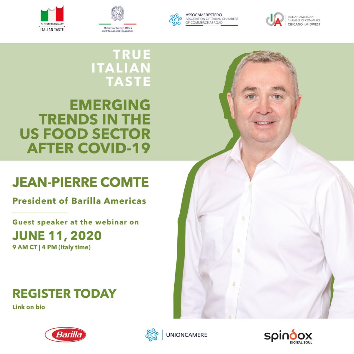 ON JUNE 11, at 9 AM CT, Jean-Pierre Comte, President of BARILLA Americas, will review the Covid-19 pandemic impact on food consumption in the US, now and in the near future and how Italian food companies can answer these new American Consumer needs. 👉 bit.ly/3gQUXPb