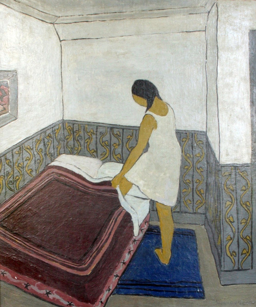 NormanGilbert26's tweet photo. "Girls Getting into Bed" 1954 & "Plants, Patchwork and Two Green Chairs" 2019, both oil on board. #Scottishart #Glasgowartist #Lifetimeswork https://t.co/Sp0eIHC5IR
