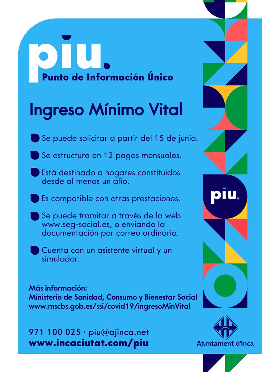 A partir del 15 de juny, ja es pot sol·licitar l'Ingrés Mínim Vital. Si necessites més informació, contacta amb el PIU 👉 📞971 100 025 💻piu@ajinca.net