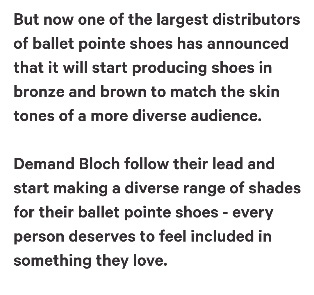 Demand that Bloch produce pointe shoes to include dancers of colour. Not everyone fits the pink satin shade #BlackBalletMatters ✊🏿 Sign the petition here: chng.it/5xZP2k5N7Z