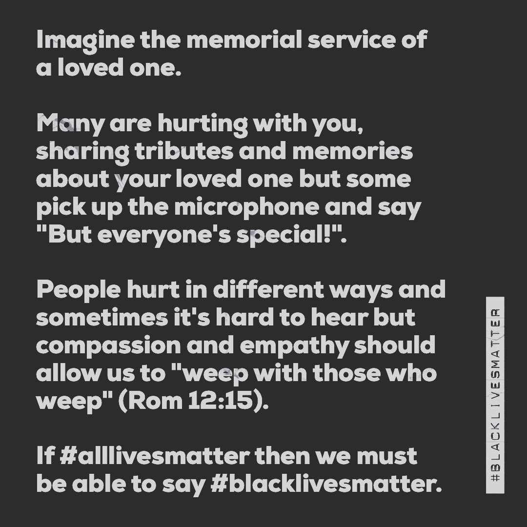 jonno_w's tweet photo. Thinking Rom 12: We're far better at rejoicing together than mourning together. Much of the church has lost the vocabulary &amp; capacity for lament &amp; we must learn. Amos 5 speaks volumes today. 
In humble conversation: if #alllivesmatter then we must be able to say #blacklivesmatter https://t.co/04RRG9uGpm