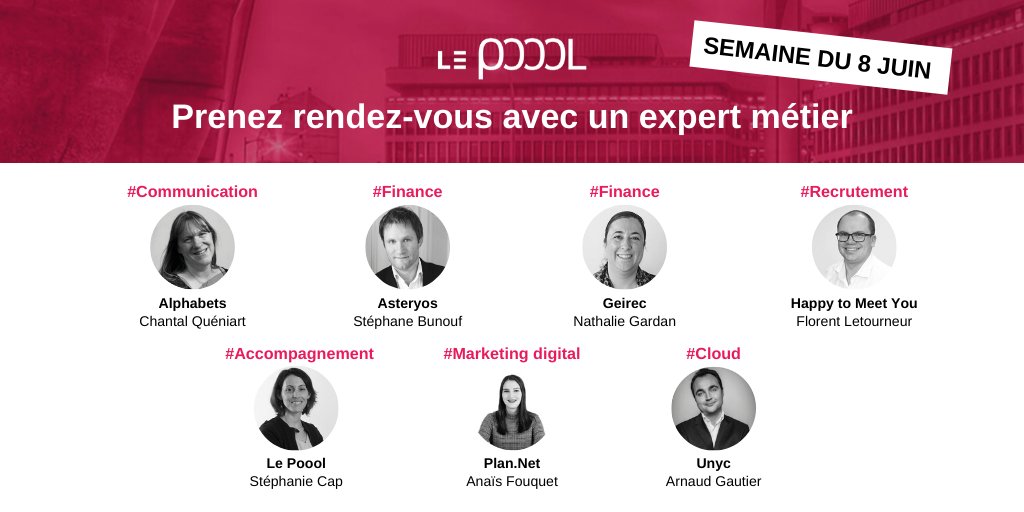 Le_Poool's tweet image. Les experts métiers disponibles :

▪️Chantal Queniart - Alphabets
▪️@StephaneBunouf - @AsteryosGroup 
▪️Nathalie Gardan - @SasGeirec 
▪️@FlorentHTMY - @HtmyFR 
▪️Stéphanie Cap - @Le_Poool 
▪️Anaïs Fouquet - @PlanNetFrance 
▪️@arnaud_gautier - @unyc_io 

➡️ rdv-beta.lepoool.tech/v2/