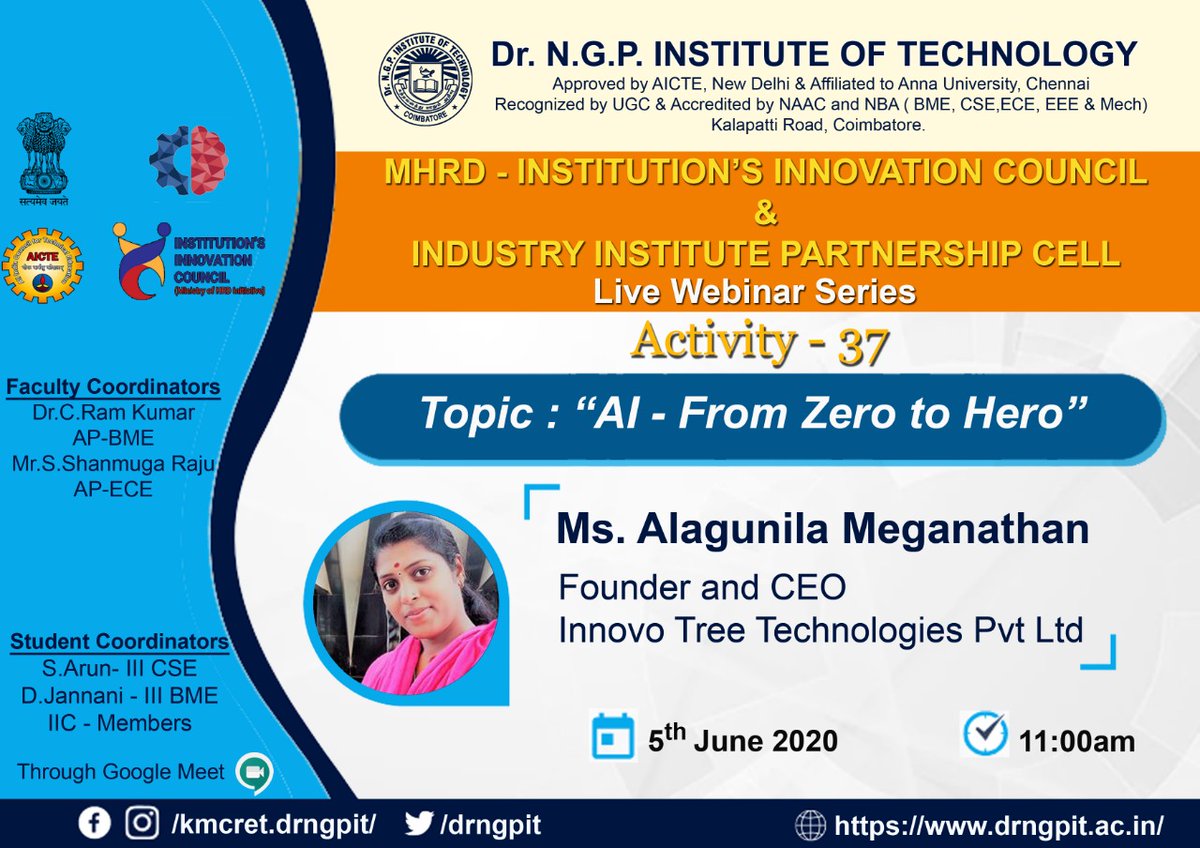 alagunilam's tweet photo. Just now I have the delivered the webinar for Faculties & Students on "AI from Zero to Hero" for Dr. N.G.P. Institute of Technology, Coimbatore. Thank you very much Ramkumar sir for organizing this event..
#IndiaMVP #indiabuzz
#Azure #microsoft https://t.co/e97lvYJIXc