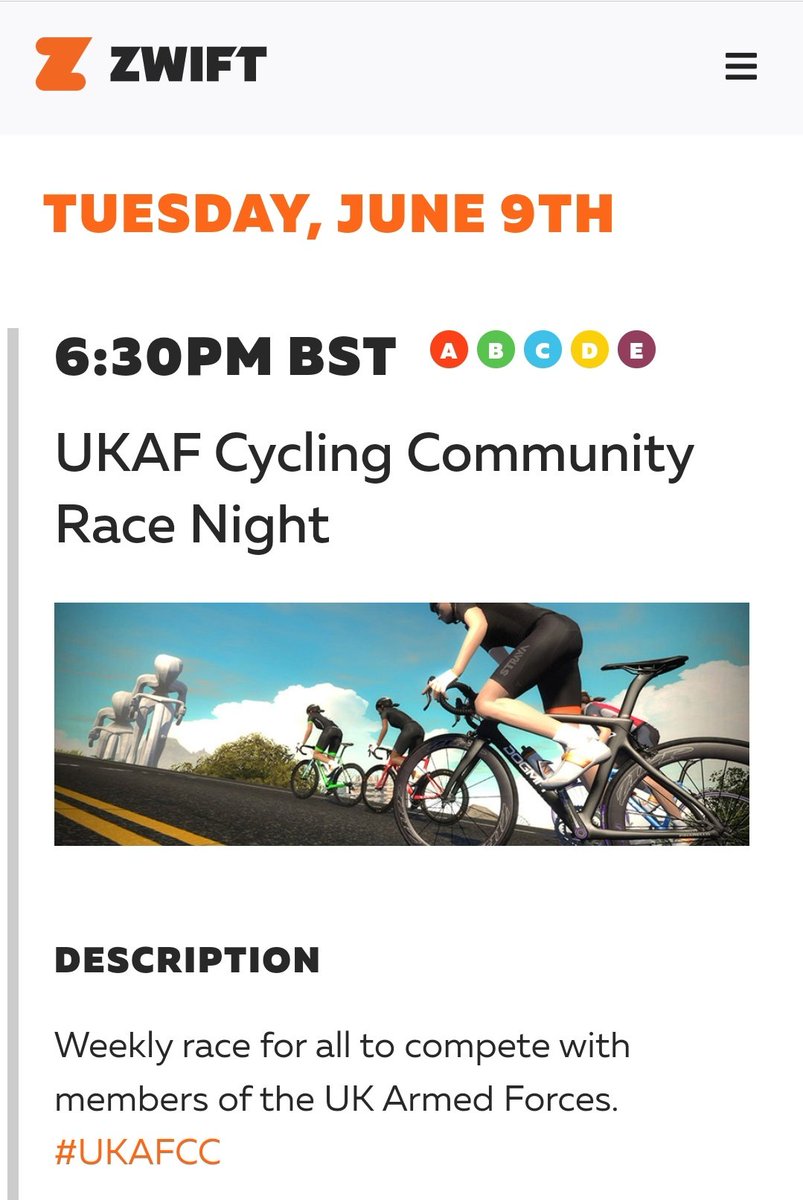 ArmySportASCB's tweet photo. UK Armed Forces Cycling Community - Race 

After lots of hard work and support from members, UKAFCC finally has its own race and time slot on Zwift.

The link to the race is below.  Reoccurring every Tue evening at 1830hrs.

https://t.co/Bsexg78w9S

@BritArmyCycling #UKAF https://t.co/Ouy1vS3Us0
