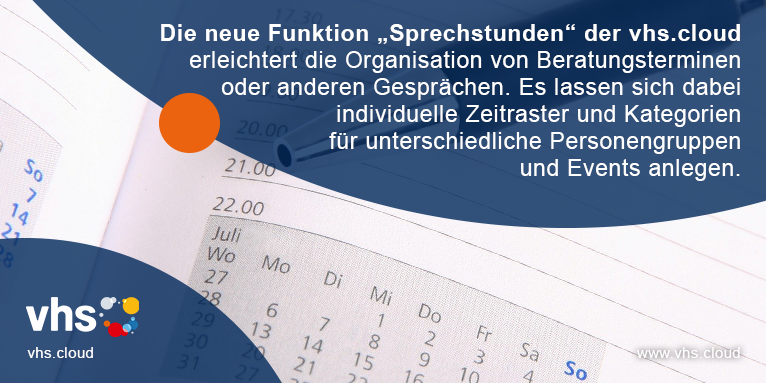 Liebe #vhs-Kursleiter*innen und vhs-Mitarbeiter*innen, mit der neuen Funktion „#Sprechstunden“ der #vhscloud 
könnt ihr ab sofort Beratungstermine planen und individuelle Zeitraster für die #Organisation von Fachpersonal anlegen➡️vhs.link/fyFG3S #vhsgoesdigital