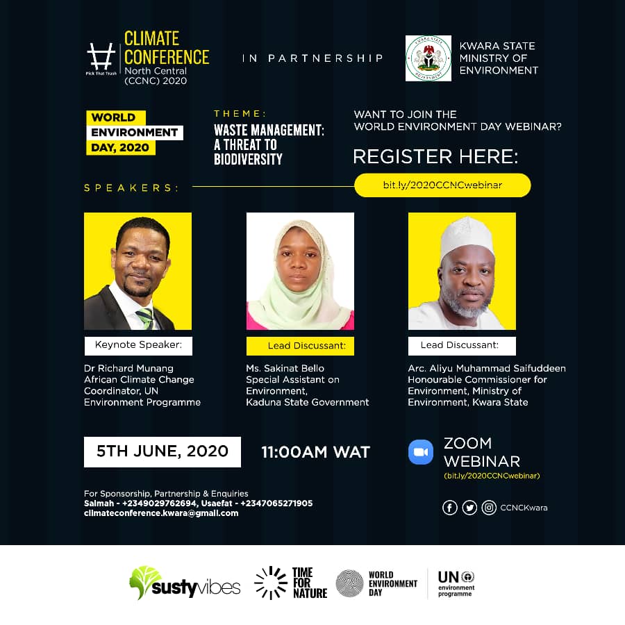 It is TODAY!!

 In partnership with <a href="/KwaraEnv/">Kwara State Ministry of Environment</a> &amp; @CCNCKwara we will commemorate 
#WorldEnvironmentDay2020
#WED2020
The  keynote speaker: <a href="/RichardMunang/">Dr. Richard Munang</a> 
Lead discussants: <a href="/AMSaifuddeen/">Arc. Saifuddeen</a>&amp; <a href="/sakeenat_bello/">Sakeenat Bello</a> 

Click here to ➡️ bit.ly/2020CCNCwebinar