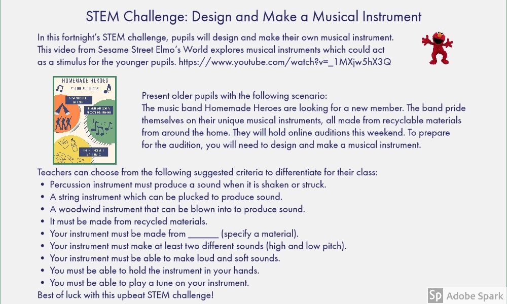 OidePrimarySTEM's tweet photo. This week’s #stemsmaointe STEM Challenge is to design and make a musical instrument. Will you become a member of Homemade Heroes with your instrument? The video can be found at https://t.co/vqYiEar4iZ.  #stemsmaointe e-bulletins can be found at https://t.co/FAHv9aSvjA. https://t.co/C7xvSVT9JM