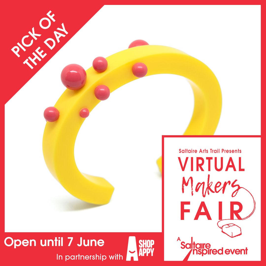 SaltaireArt's tweet photo. Today's 'Pick of the Day' from our Virtual Makers Fair at https://t.co/r44BeambCR is this handmade resin 'dot bangle' by Leeds-based jeweller Lisa Grabowski. 
#StayHomeStayInspired #ShopAppyuk #Saltaire #Saltaireartstrail #VisitBradfordlater #BeBradford #Bradford #Bradford2025 https://t.co/C0U3f7F7Ev