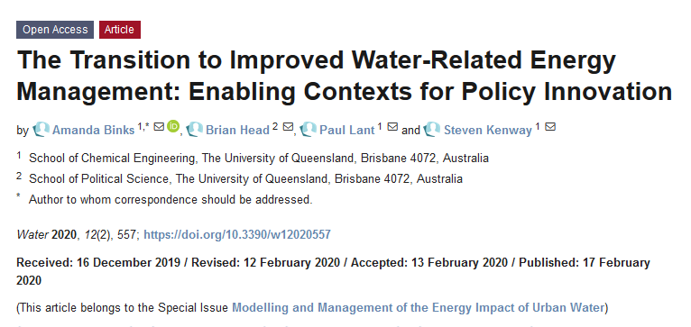 JadeWei0109's tweet photo. The Transition to Improved Water-Related Energy Management: Enabling Contexts for Policy Innovation (by Amanda Binks, Brian Head, Paul Lant and Steven Kenway @UQ_News)

Read for FREE👉https://t.co/8p477a2GZK

#water 
#energy 
#TransitionsManagement 
#IntegratedResourceManagement https://t.co/grMyJKiYHm