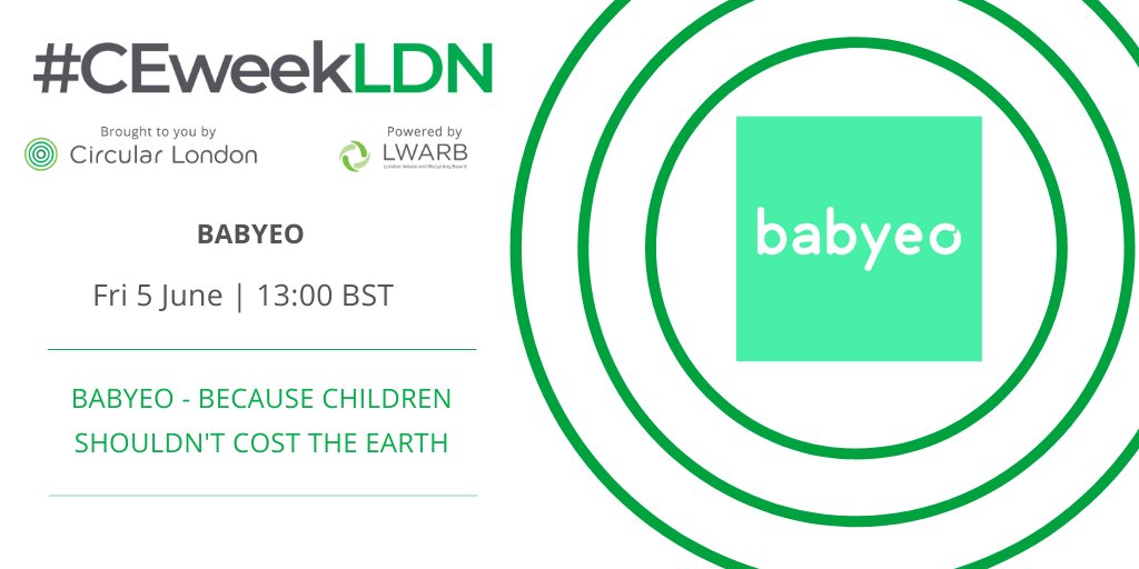 TODAY at 13:00 BST: 'Babyeo - because children shouldn't cost the Earth!' by <a href="/Babyeouk/">babyeo</a> 

Discover the marketplace for parents to exchange items for a fraction of the normal cost. Helping save money, space at home &amp; the planet.

Register ➡️ceweek.london/registration/s…

#CEweekLDN2020