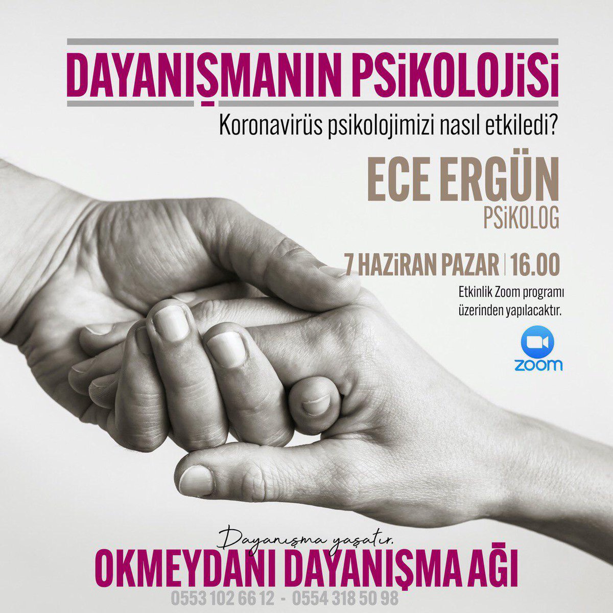 Dayanışmanın Psikolojisi 
Pazar günü saat 16.00'da psikolog Ece Ergün'ün katılımıyla zoom üzerinden etkinliğimiz var.
Katılım için mesaj atabilirsiniz