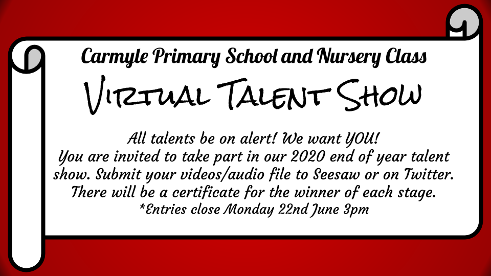 CarmylePS's tweet photo. Talent Show!!! Calling all drummers, dancers, musicians and jugglers! Send in your entries on Seesaw. Deadline is Monday @3pm! @BannermanSports @BannermanHigh @activeschkenny @BHSDanceschool #GCCkeepsafekeeplearning #remoteworking #distancelearning https://t.co/UCKFYPi45i