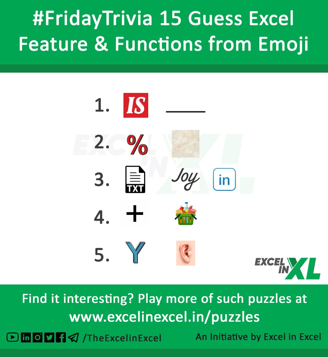 #FridayTrivia 15

Can you SOLVE the tricky Excel Emoji Puzzle? 🤔 Decode the puzzles to reveal the Functions &amp; Features of Excel! 

Comment your best guesses below 👇 

#puzzlegames #excelpuzzle #emojichallenge #emojiquiz #ExcelPuzzle #EmojiPuzzle #BrasinTeaser #LetsCrackIt