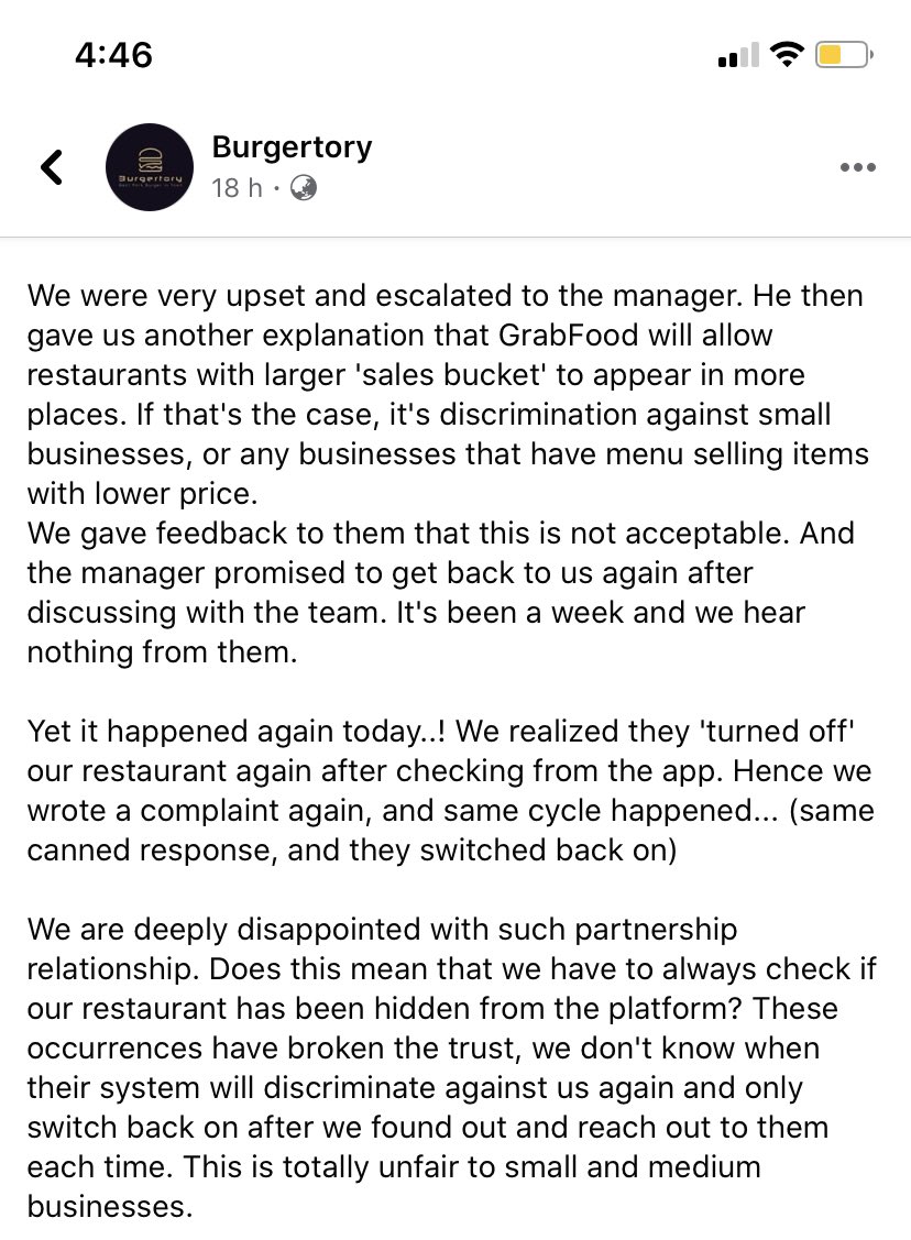 has everyone seen this???!!! grabfood has been putting smaller businesses on the backend because they give lesser commission