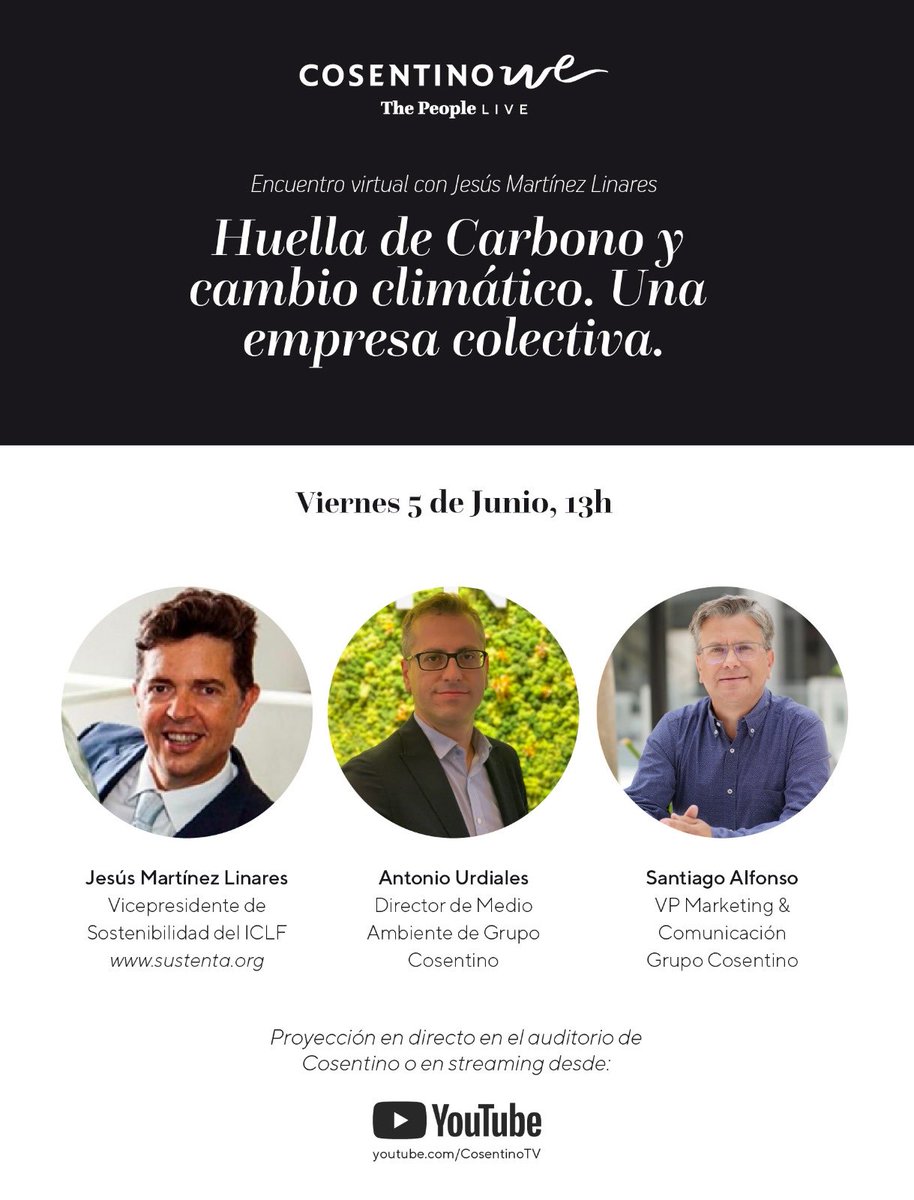 Con motivo del #DíaMundialDelMedioAmbiente, Hoy 5 junio, celebraremos un encuentro virtual con @jesustenta Jesús Martínez Linares, vicepresidente de sostenibilidad del ICLF, ¡que no te puedes perder!

📅Síguelo a las 13h en nuestro canal de YouTube: bit.ly/3dAAvQC
