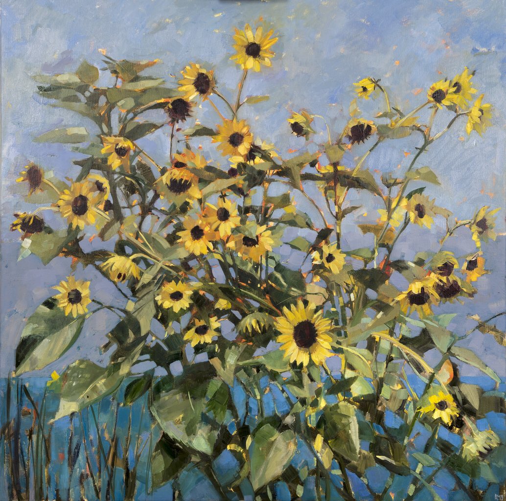 This painting has recently found a new home courtesy of @besidethewavegallery in Falmouth; I’ll be having a new collection of work there in August. #sunflowers #yellow #yellowflowers #flowers #flower #floralpainting #flowerpainting #besidethewavegallery #sea #bluesky #blue
