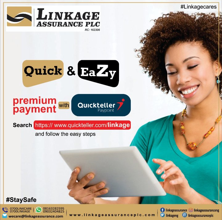 Did you know? 

You can now pay your insurance premium with us using quickteller. 
Just search
“quickteller.com/linkage
Then follow the easy steps. 

For further enquiries, contact our customer service center - 0700LINKCARE,  0700LINKAGE or visit linkageassuranceplc.com

#payment