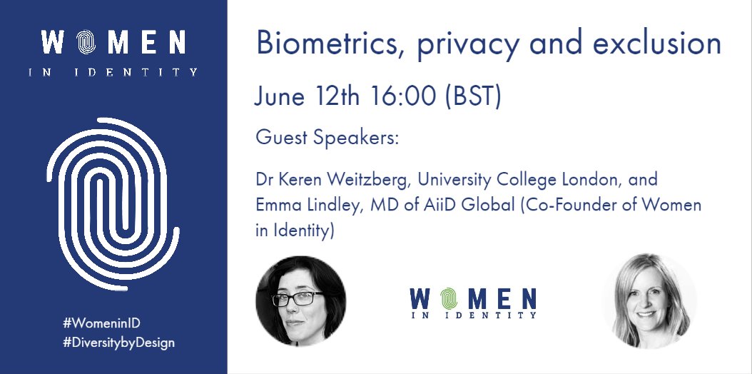 Just one week to go to our next webinar on "#Biometrics, #Privacy &amp; #Exclusion" with <a href="/KerenWeitzberg/">Dr. Keren Weitzberg</a> and <a href="/EmLindley/">Emma Lindley</a> on June 12. 

Join us for an interactive discussion on the latest thinking and challenges with this emerging tech. ow.ly/e24T50zXNMq

#WomeninID #ForAllByAll