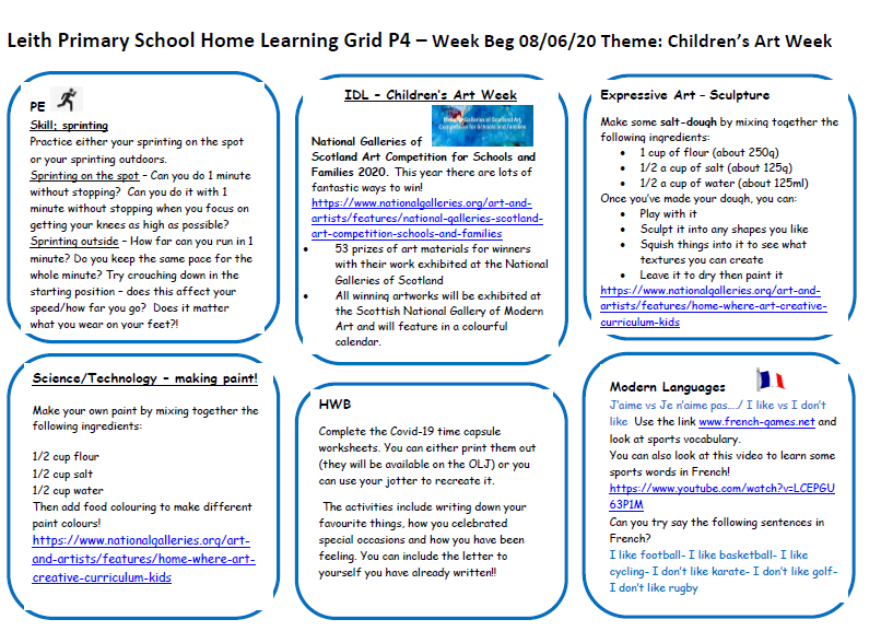 LeithP41's tweet photo. Good morning P4. Here is next week's Home Learning Grid. It's Children's Art Week and we know how creative and imaginative you all are so we're excited to see what you come up with. The supporting videos will be on OLJ later today. Enjoy 😀🎨 🖌️✏️@Leith_Primary https://t.co/xmhMstsmL4