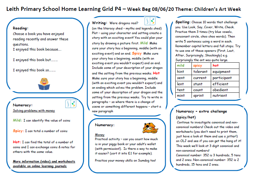 LeithP41's tweet photo. Good morning P4. Here is next week's Home Learning Grid. It's Children's Art Week and we know how creative and imaginative you all are so we're excited to see what you come up with. The supporting videos will be on OLJ later today. Enjoy 😀🎨 🖌️✏️@Leith_Primary https://t.co/xmhMstsmL4