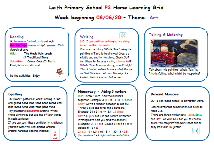 LeithP31's tweet photo. Good morning P3! It's Art Week next week so a chance for you to be super creative and imaginative! Here's the grid and there'll be more information on your OLJ later. @Leith_Primary https://t.co/nHO04bUxan