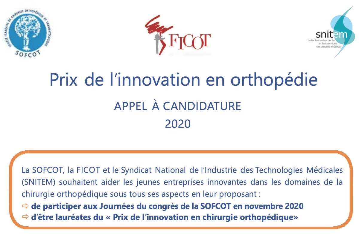 sofcot_ortho's tweet photo. 💡Vous êtes une #startup #innovante? 
Participez au 🥇Prix de l'innovation en #orthopédie créé avec le @SnitemDM et la #FICOT. 
Soumettez votre dossier ici : https://t.co/YGVdnTXv35 Vous avez jusqu'au 29 juin. 
On vous attend nombreux sur #SOFCOT20 du 9 au 11 novembre https://t.co/GeZH1xlEfh