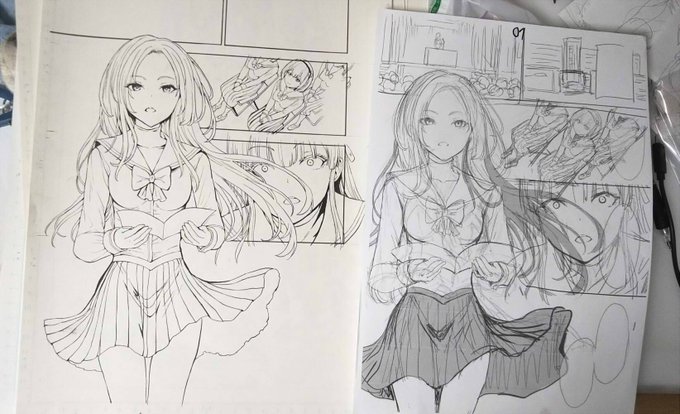 今回の原稿での初の試みとして、下書きをデジタルで作ってみました(右)。それをプリントして、トレスしてアナログペン入れ(左)。中央の女の子の髪のうねりみは、デジタル下書きだから容易にできたと思います。色を塗ればペン入れ時にも迷わないです。 