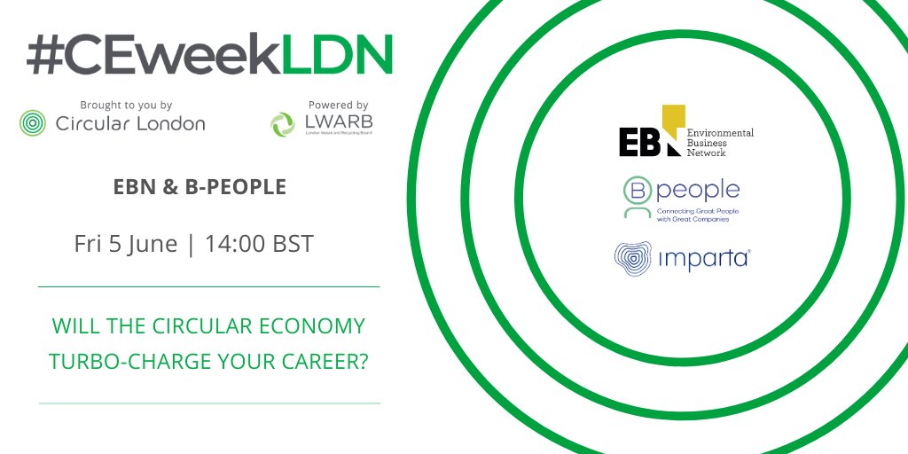 TODAY at 14:00: 'Will the circular economy turbo-charge your career?' by EBN &amp; B-People

How opportunities presented by the #circulareconomy are breaking down barriers for Environmental, Social &amp; Governance (ESG) professions

Register ➡️ ceweek.london/registration/s…

#CEweekLDN2020