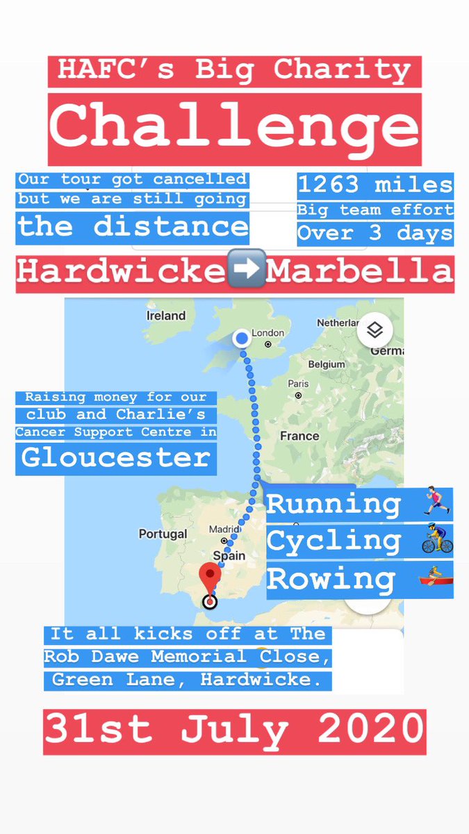 8 weeks today, a team of 20 Hardwicke lads will be embarking on a massive weekend challenge 😆

Virtually covering the distance from Hardwicke to Marbella 🏖 (our cancelled tour destination) 😫

🏃🏻‍♂️🚲🚣‍♀️

Fundraising for HAFC &amp; <a href="/Charlies2014js/">Joanne Sutherland</a> 💰

gofundme.com/f/hardwicke-af…