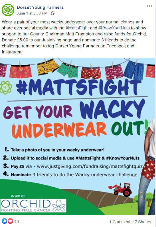 SynergyFarmVets's tweet photo. Join us in backing #mattsfight #knowyournuts to show your support for @DorsetYFC Chairman Matt Frampton who is fighting his second bout of cancer. Help raise funds for Orchid Cancer Charity, and have fun wearing your favourite pair of undies at the same time😄 https://t.co/T6CSShX8bI