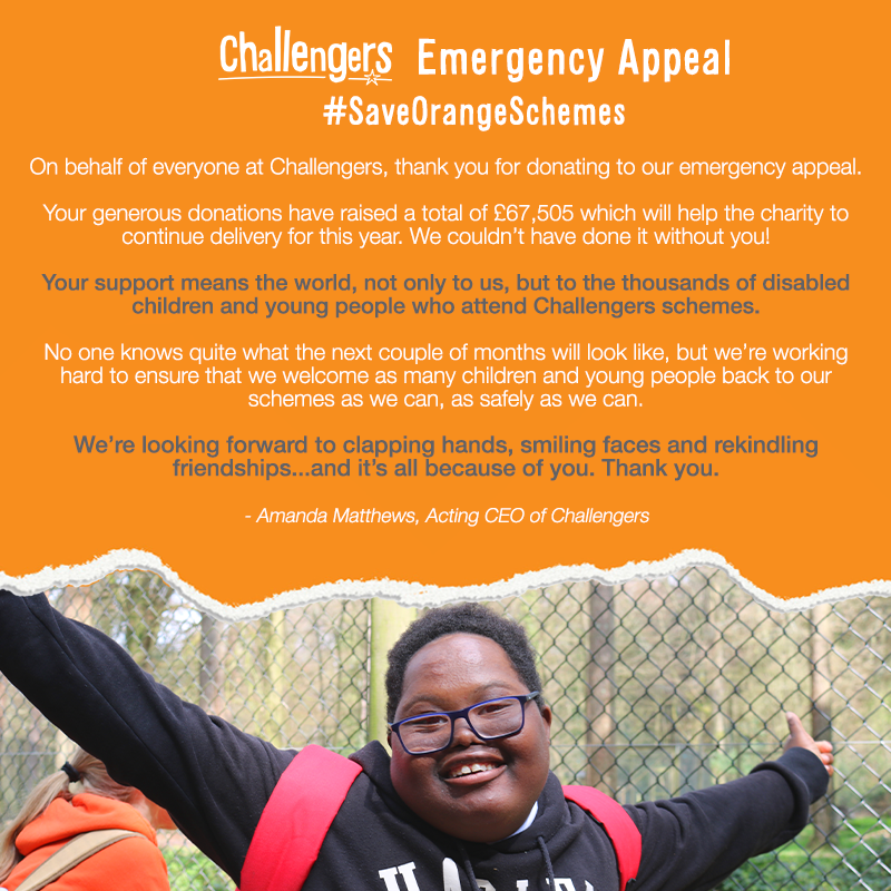 D_Challengers's tweet photo. We did it! Thank you to everyone who kindly donated to our #SaveOrangeSchemes emergency appeal - we are so grateful for your support. Keep up to date with our progress and the wonderful things your donation makes possible by signing up to our newsletters:
https://t.co/c0b1IVTmzj https://t.co/zwG4Zubajl