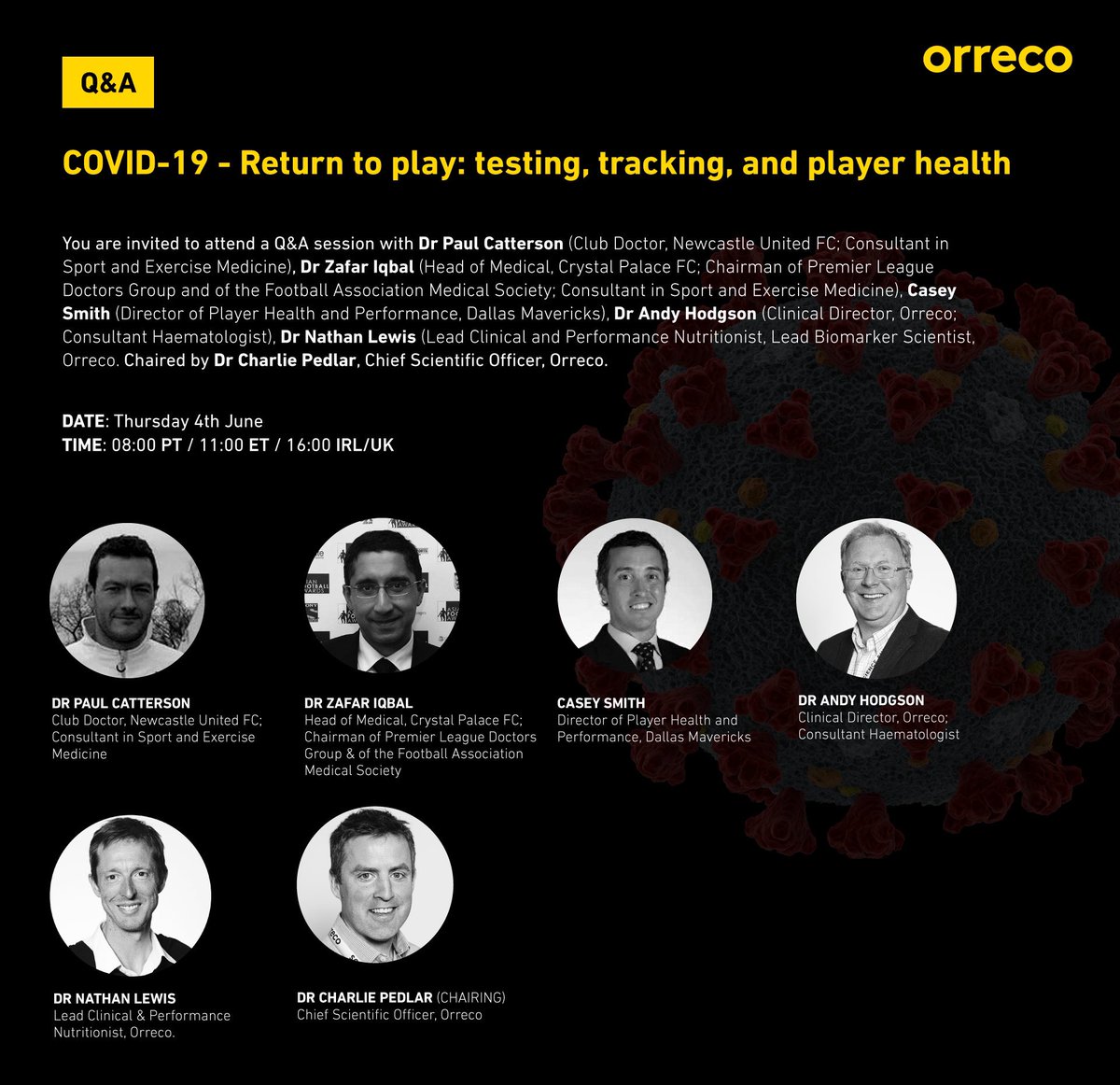 ORRECO1's tweet photo. A timely webinar yesterday on Return to Sport with @CattersonPaul of @NUFC @sportsdrzaf of @CPFC &amp; @mavschamps2011 of @dallasmavs with @pedlarcr @DrNathanALewis &amp; Dr Andy Hodgson Thanks all for sharing insights on the issues you’ve faced. DM for info on Covid-19 Symptom Tracker https://t.co/Hp2mDSOmeA