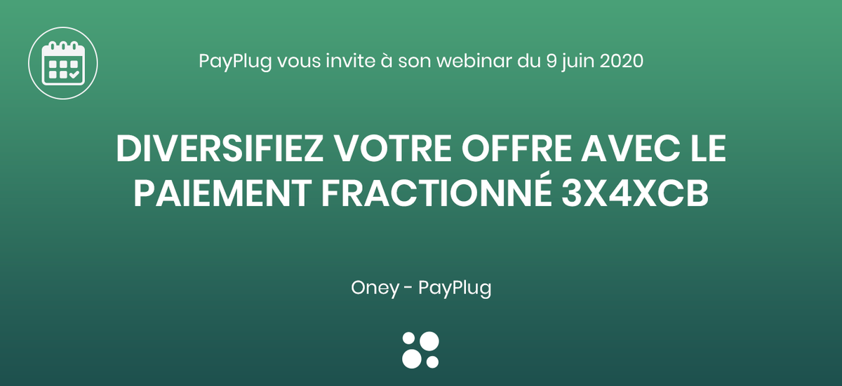 Payplug (@payplug) on Twitter photo 🎙️Diversifiez votre offre avec le #paiementfractionné garanti !
Mardi 9 juin, ne manquez pas ce #webinar avec notre Head of marketing @FloraWolfer et <a href="/RamiSalem/">Rami Salem</a>, Head of Payments Partnerships de @OneyFrance !
➡️ Inscrivez-vous : hubs.ly/H0r8hyZ0
#relanconslebusiness 🎙️Diversifiez votre offre avec le #paiementfractionné garanti !
Mardi 9 juin, ne manquez pas ce #webinar avec notre Head of marketing @FloraWolfer et <a href="/RamiSalem/">Rami Salem</a>, Head of Payments Partnerships de @OneyFrance !
➡️ Inscrivez-vous : hubs.ly/H0r8hyZ0
#relanconslebusiness