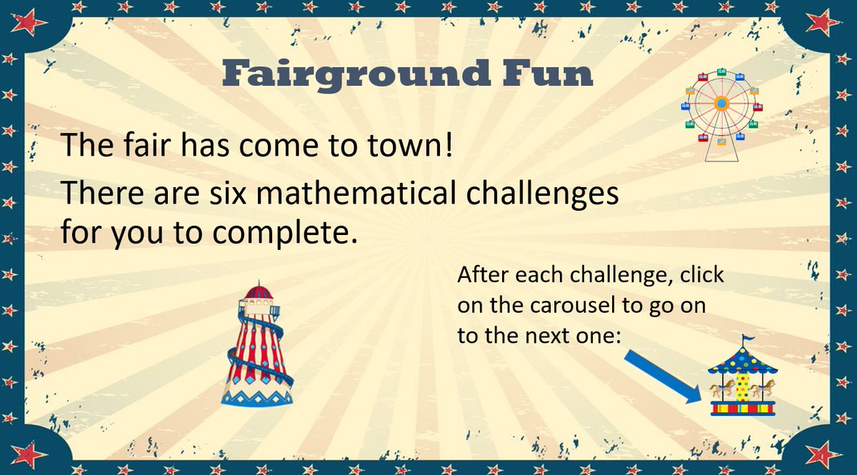 Cambs_SIS's tweet photo. Our newest resources include a series of funfair-themed mathematical challenges. There are versions for KS1 and lower KS2 children to try, along with many other motivating mathematical activities: https://t.co/gHiSJaEgZ5  #HomeLearning #CambsEd https://t.co/0UcB1gne0S