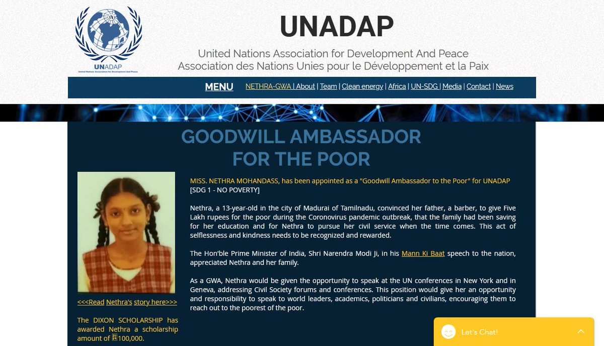 ANI's tweet photo. Nethra, a 13-year-old girl from Madurai has been appointed as 'Goodwill Ambassador to the Poor' for United Nations Association for Development&amp;Peace. She convinced her father,a salon shop owner,to give Rs 5 lakh that he saved for her education to needy during lockdown: UNADAP https://t.co/hVRw2vWjcL