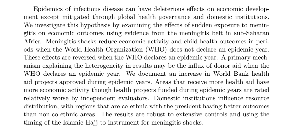 David Evans (@daveevansphd) on Twitter photo Disease outbreaks hurt child health, but in low-income settings, the <a href="/WHO/">World Health Organization (WHO)</a> declaring an epidemic can mitigate that impact by triggering an influx of donor funding. bit.ly/3dC1Ul8
from "The Epidemic Effect," by <a href="/belindaarch/">Belinda Archibong</a>, <a href="/fannan2316/">Francis Annan</a>, & <a href="/ucheekhator/">Uche Ekhator-Mobayode</a> Disease outbreaks hurt child health, but in low-income settings, the <a href="/WHO/">World Health Organization (WHO)</a> declaring an epidemic can mitigate that impact by triggering an influx of donor funding. bit.ly/3dC1Ul8
from "The Epidemic Effect," by <a href="/belindaarch/">Belinda Archibong</a>, <a href="/fannan2316/">Francis Annan</a>, & <a href="/ucheekhator/">Uche Ekhator-Mobayode</a>