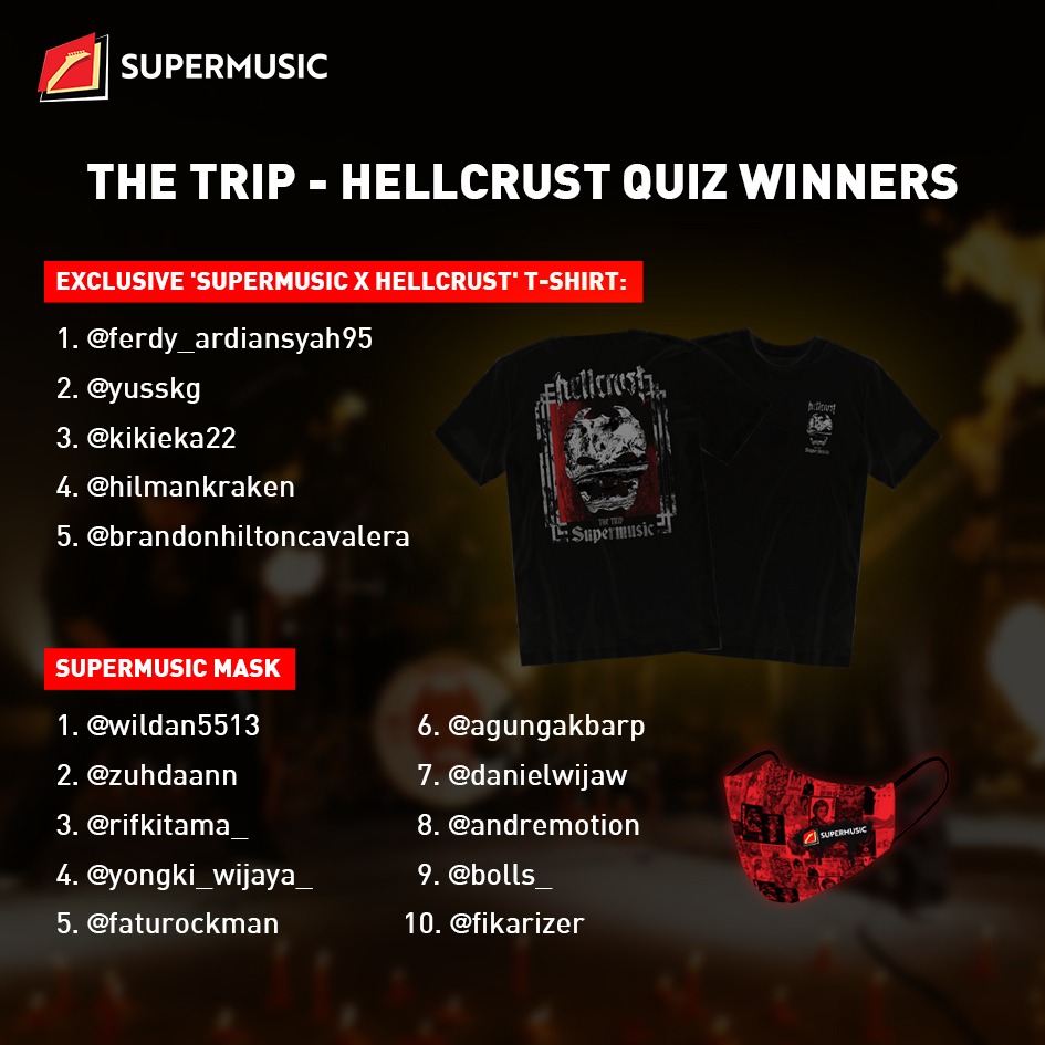SuperMusic_ID's tweet photo. Selamat buat para pemenang yang udah ikutan kuis The Trip episode Hellcrust! Swipe buat liat list-nya!

Buat yang belum beruntung, kalian masih bisa ikutan kuis di QuickQ eps. 7! Buruan cek YouTube channel SUPERMUSIC sekarang!

#SUPERMUSIC #TheTrip #Hellcrust https://t.co/EdCjwDoHw1