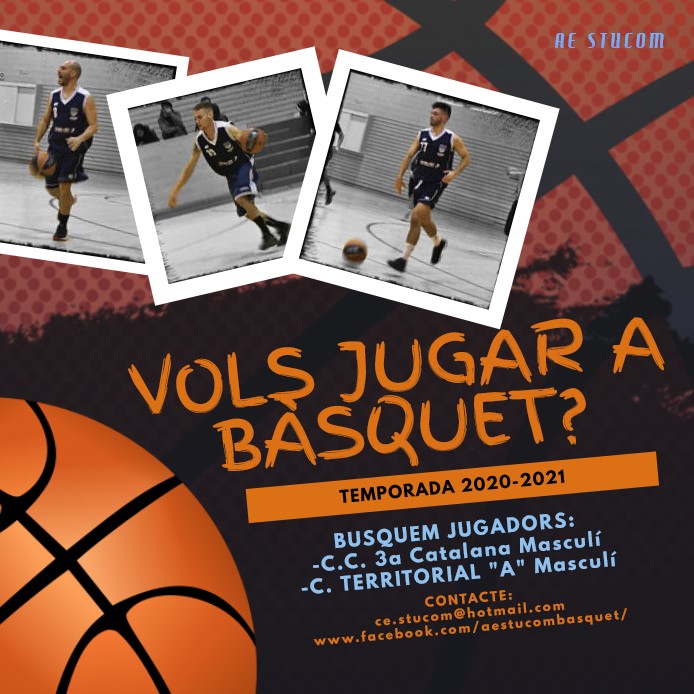 A.E. Stucom (@aestucom) on Twitter photo Estàs buscant equip?
Si t'agrada el bàsquet contacta amb nosaltres.
Busquem jugadors per a completar els nostres equips que la temporada vinent competiran en 3a Cat i en Territorial "A". Envia'ns un mail a ce.stucom@hotmail.com o contacta a través de les nostres xarxes socials. Estàs buscant equip?
Si t'agrada el bàsquet contacta amb nosaltres.
Busquem jugadors per a completar els nostres equips que la temporada vinent competiran en 3a Cat i en Territorial "A". Envia'ns un mail a ce.stucom@hotmail.com o contacta a través de les nostres xarxes socials.