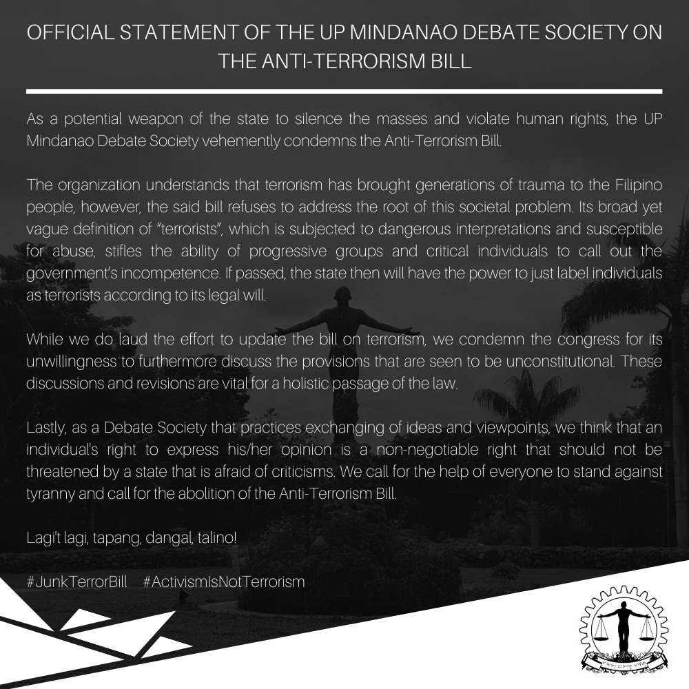 upmindebate's tweet photo. Official Statement of the UP Mindanao Debate Society on the Anti-Terrorism Bill

#JunkTerrorBill
#ActivismIsNotTerrorism https://t.co/7vNewv6Orp