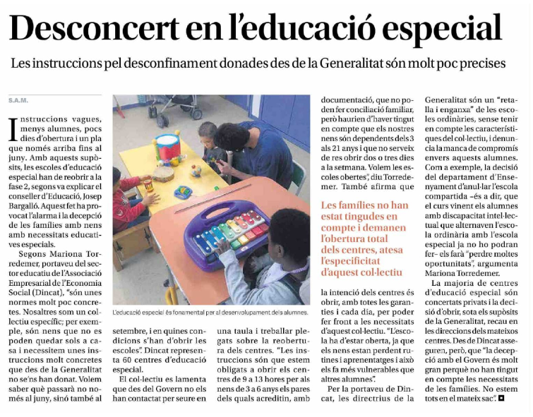 _dincat's tweet photo. Des de Dincat considerem inacceptable que no s’hagi treballat de forma més específica la reobertura dels Centres d'Educació Especial, tenint en compte les característiques i necessitats especials d’aquests alumnes. 

Gràcies per fer d'altaveu @El_Triangle! https://t.co/wjY0paJJUJ