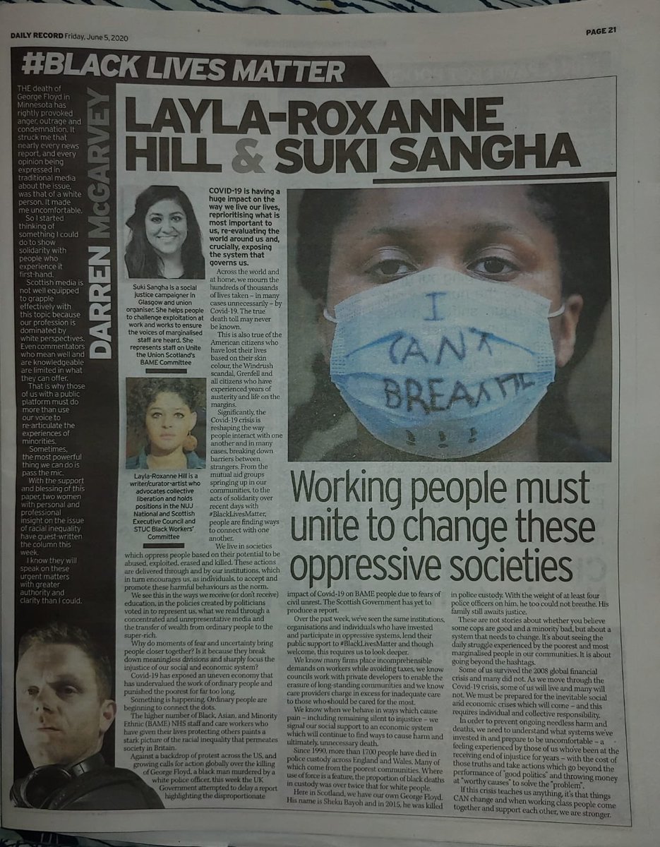 Suki Sangha (@sukisangh) on Twitter photo In the <a href="/Daily_Record/">The Daily Record</a> today alongside <a href="/LRH151/">layla-roxanne hill</a> as part of <a href="/lokiscottishrap/">Darren McGarvey</a> column piece this week. Discussing protests in U.S, Sheku Bayoh case in Scotland, working class solidarity built during Covid-19 and how the system must change. In the <a href="/Daily_Record/">The Daily Record</a> today alongside <a href="/LRH151/">layla-roxanne hill</a> as part of <a href="/lokiscottishrap/">Darren McGarvey</a> column piece this week. Discussing protests in U.S, Sheku Bayoh case in Scotland, working class solidarity built during Covid-19 and how the system must change.